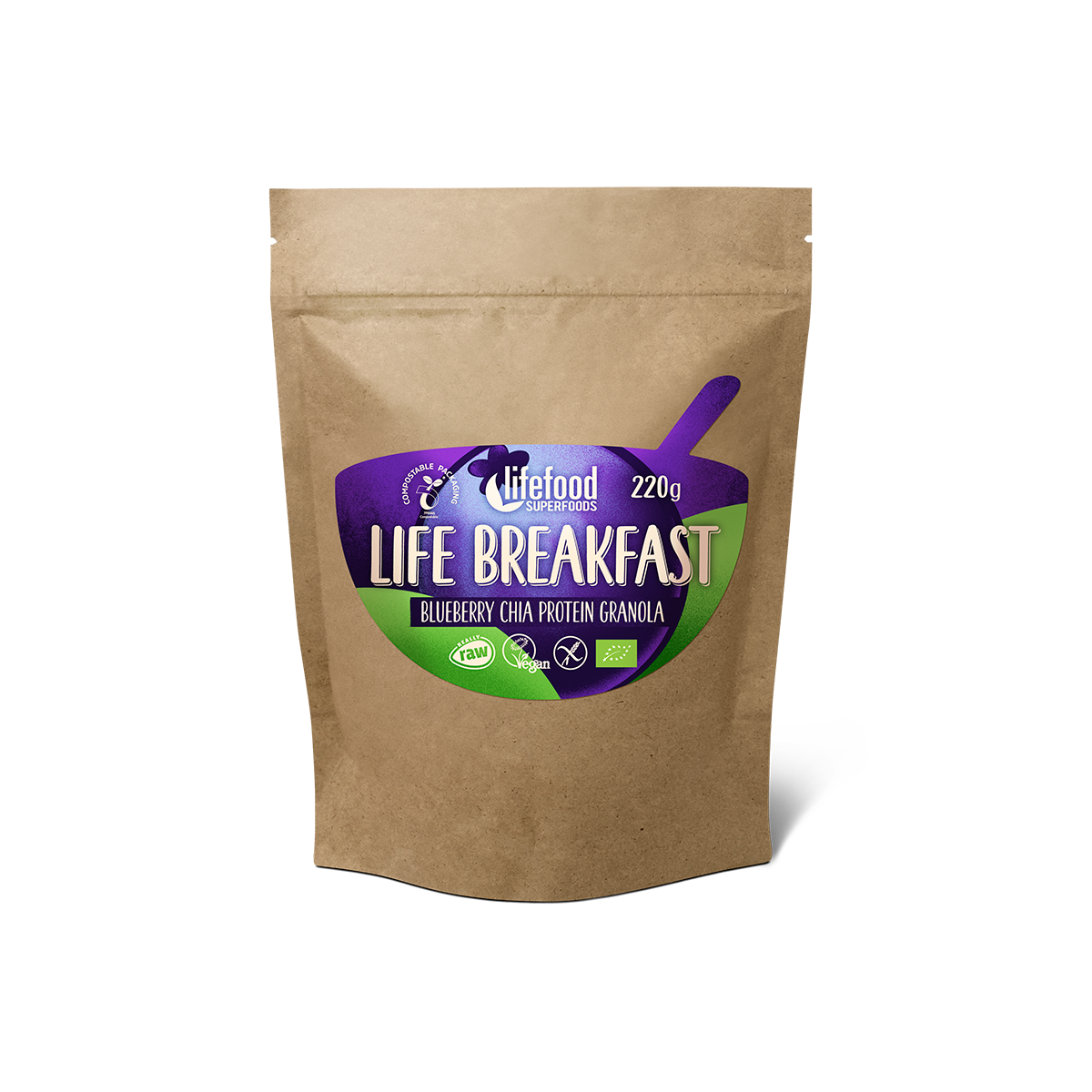 LIFE BREAKFAST Granola borůvková s proteinem a chia BIO RAW