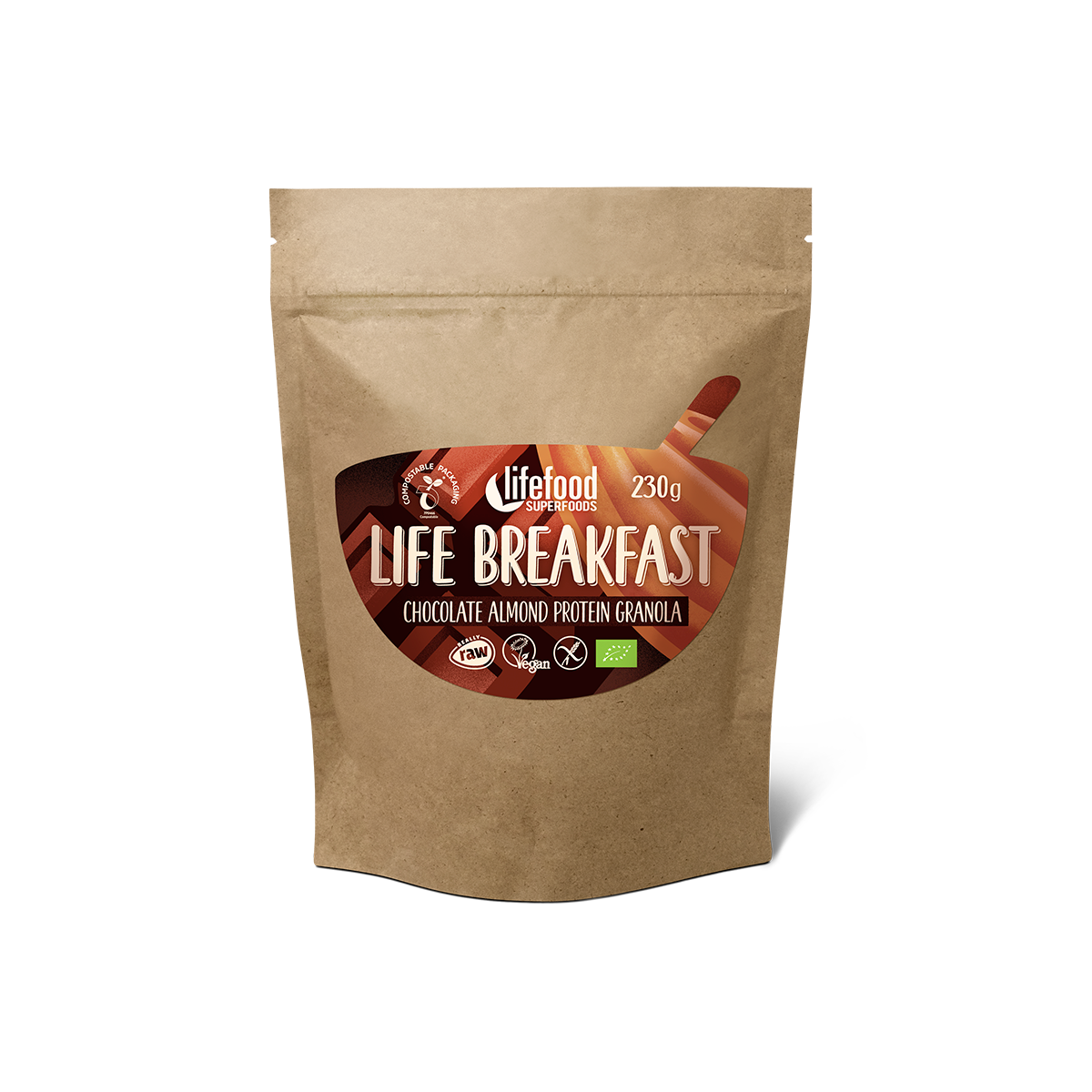 LIFE BREAKFAST Granola čokoládová s proteinem a mandlemi BIO RAW