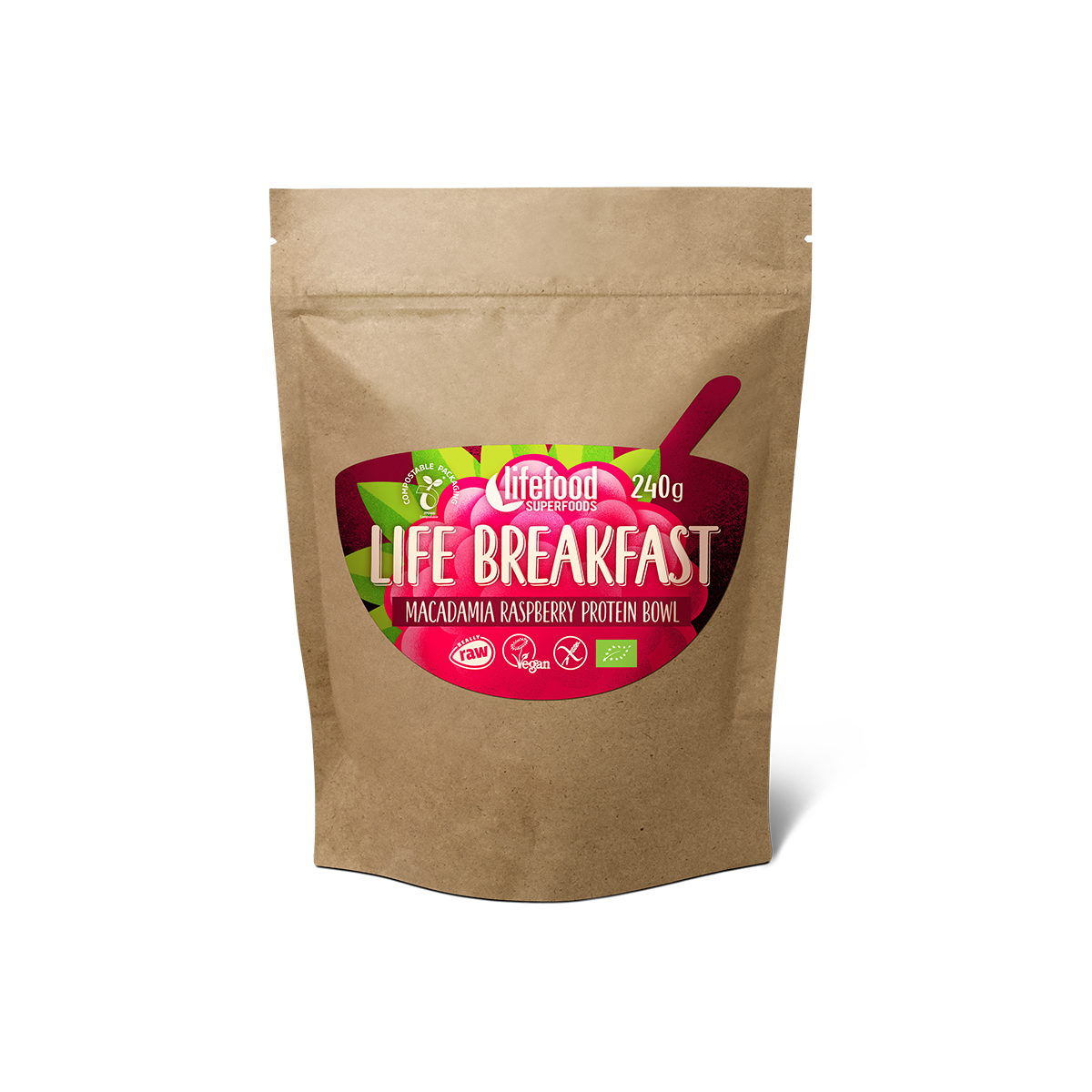 LIFE BREAKFAST Kaše malinovo-makadamiová s proteinem BIO RAW